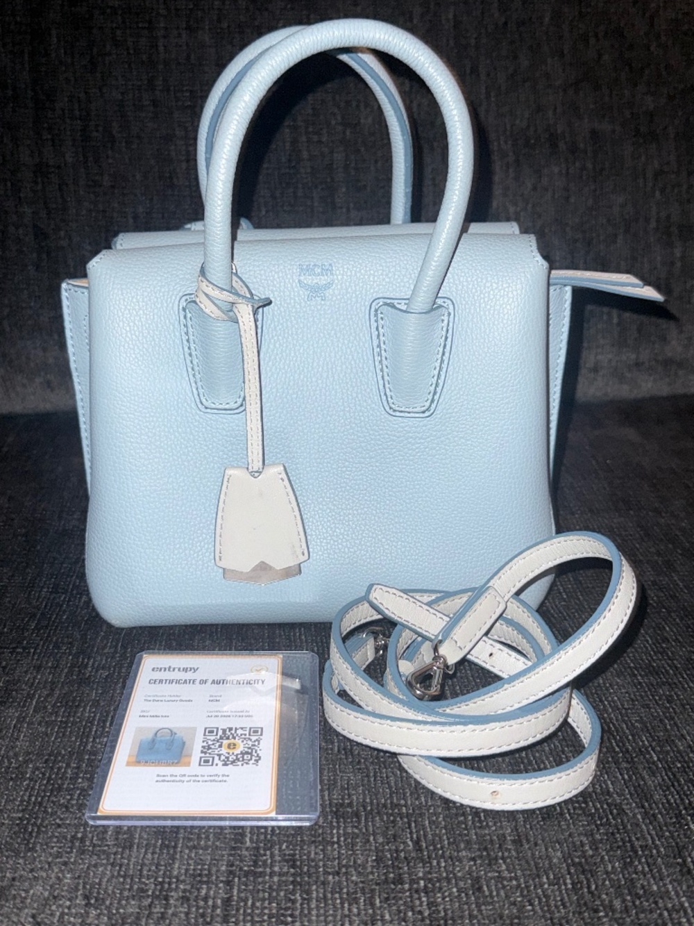 MCM Mini Milla Light Blue Grained Calfskin Leather Tote Bag W/ Strap